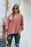 Pink V Neck 3/4 Sleeve High Low Hem Shirt - My Store