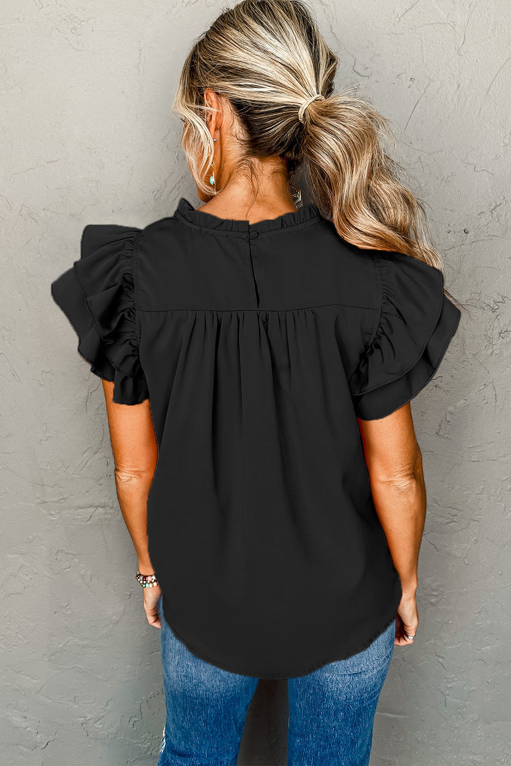 Black Smocked Ruffle Sleeve Blouse - My Store