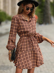 Plaid Drawstring Waist Button Front Shirt Dress - My Store