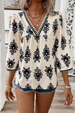 Beige Vintage Geometric Printed 3/4 Sleeve V Neck Blouse - My Store