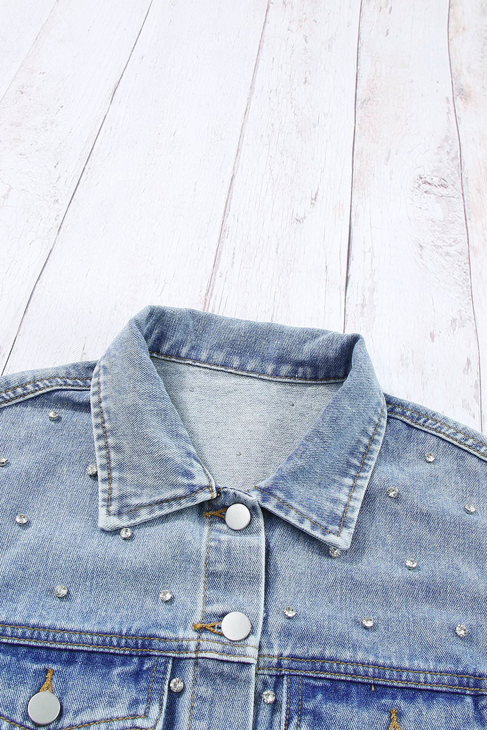 Mist Blue Rhinestones Studded Denim Jacket - My Store