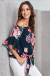 Navy Off Shoulder Floral Tie Front High Low Chiffon Blouse - My Store