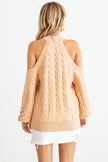 Cable Knit Mock Neck Cold Shoulder Long Sleeve Sweater - My Store