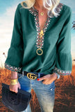 Green Floral V Neck Long Sleeve Casual Boho Top Blouses - My Store