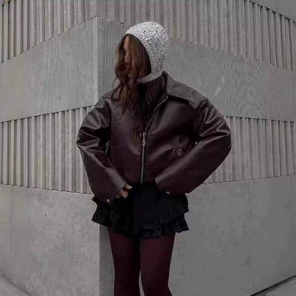 Women's Solid Color Leather Jacket