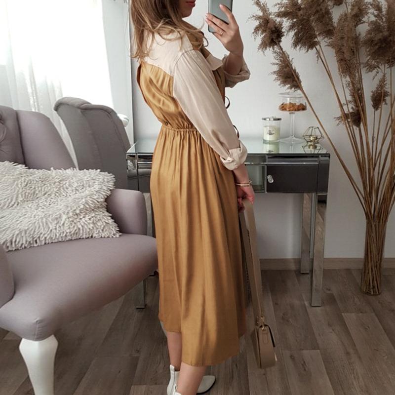 Elegant Khaki mid waist long sleeve dress autumn winter long female - My Store