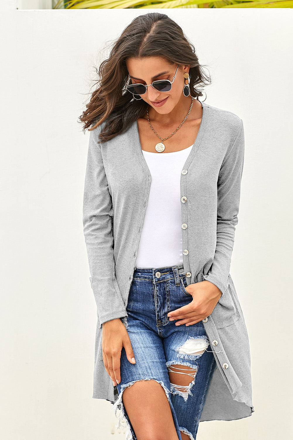 Light Gray Selected Button Down Pocketed Knit High Low Long Cardigan - My Store