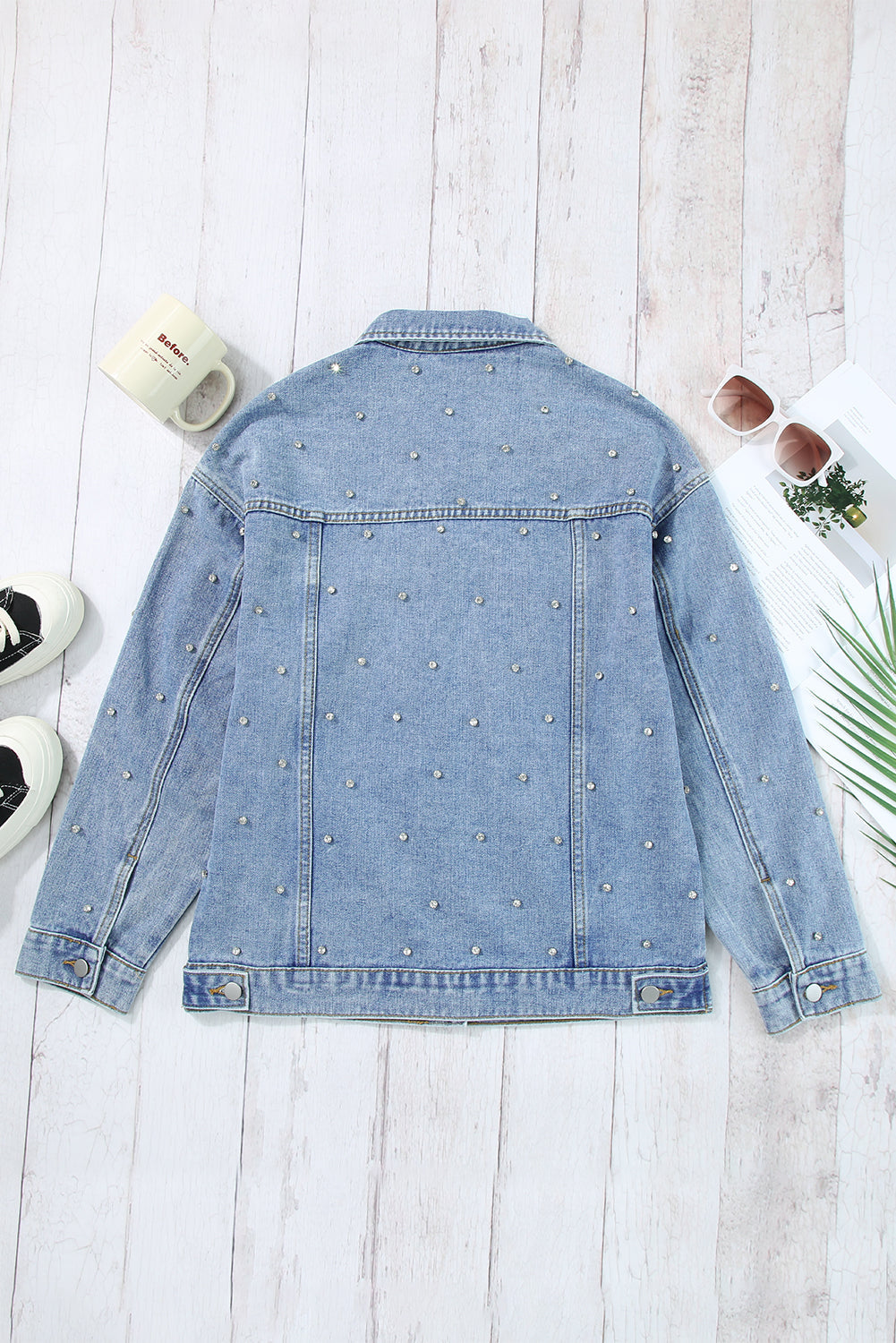 Mist Blue Rhinestones Studded Denim Jacket - My Store