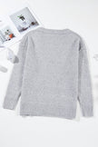 Light Grey Oversized V Neck Drop Shoulder Sweater with Eyelet Detail - My Store