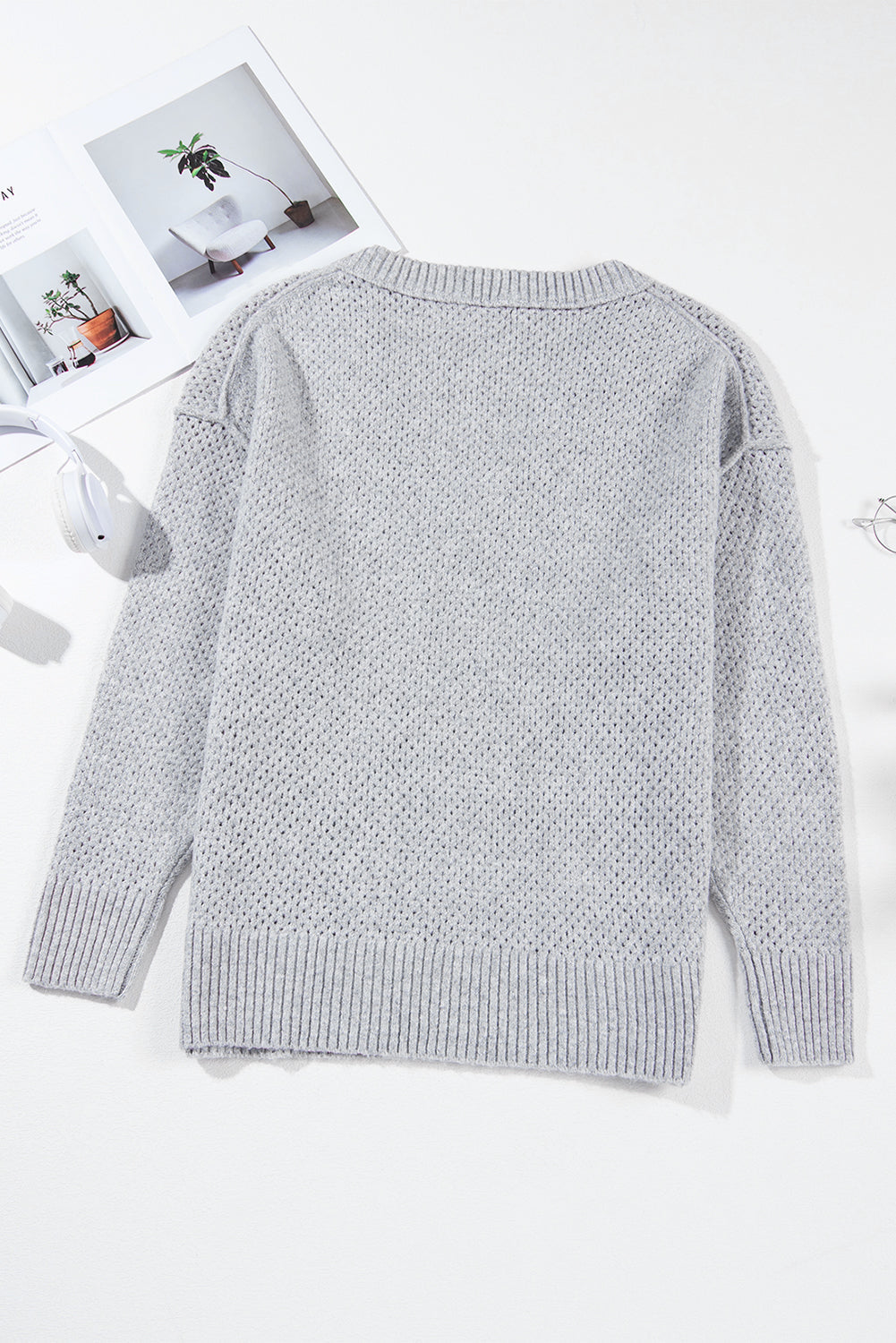 Light Grey Oversized V Neck Drop Shoulder Sweater with Eyelet Detail - My Store