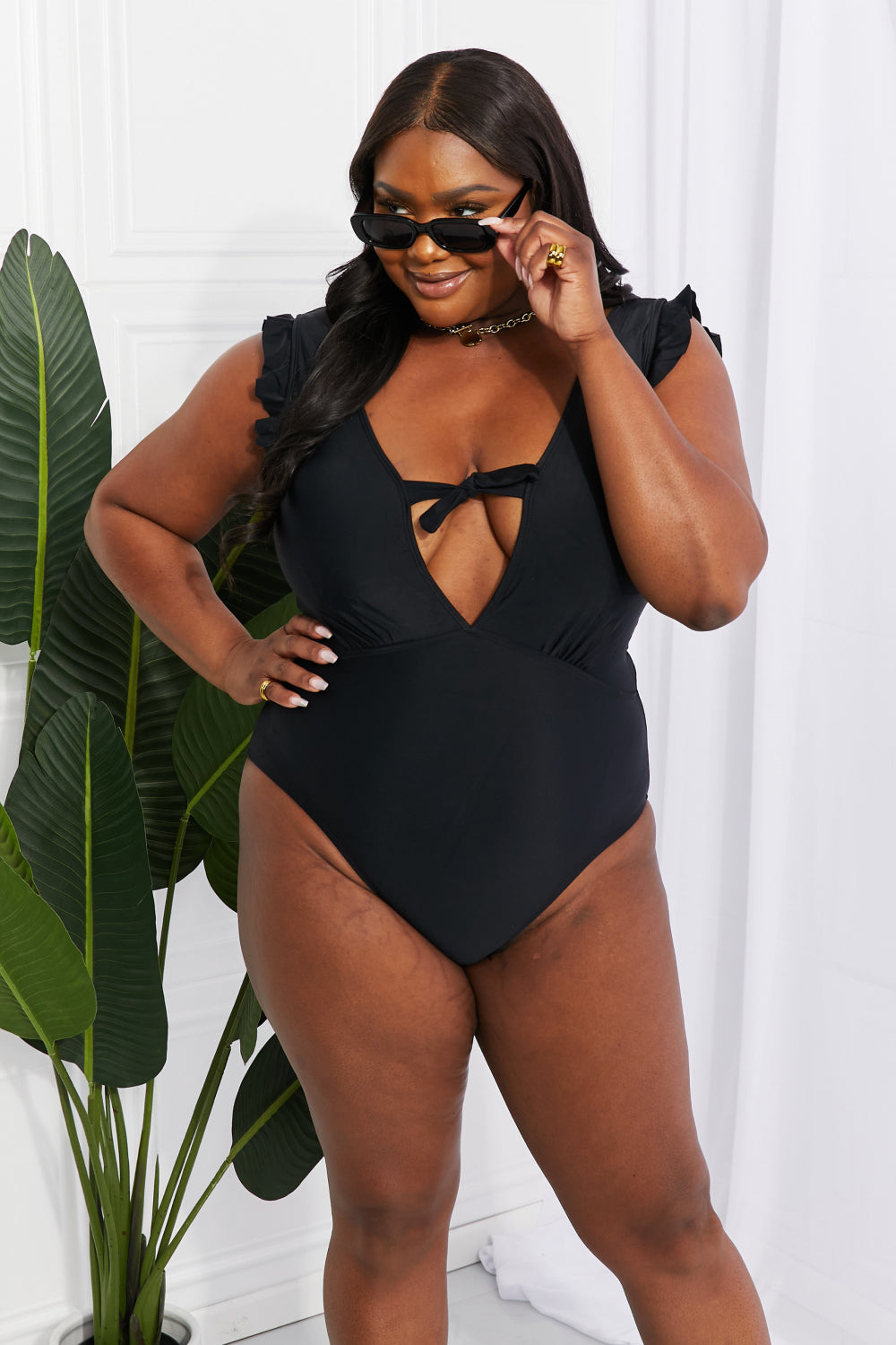 Marina West Swim Seashell Ruffle Sleeve One-Piece in Black - My Store