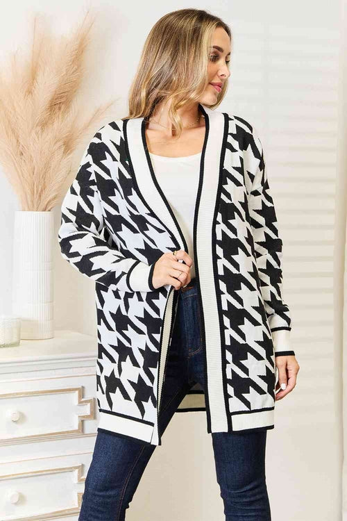 Woven Right Houndstooth Open Front Longline Cardigan - My Store