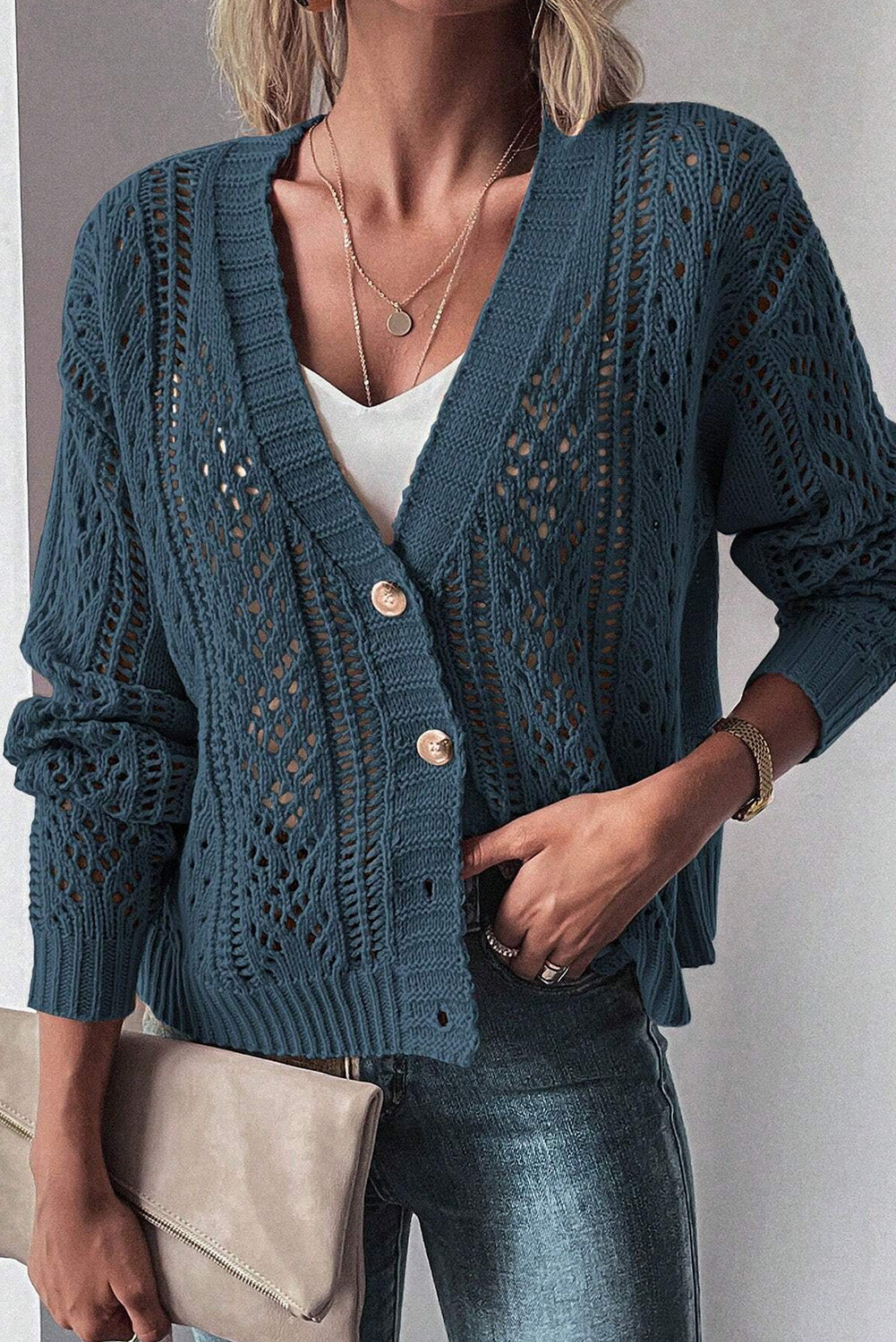 Dark Khaki Open Knit Drop Shoulder Sweater Cardigan - My Store