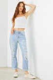 Light Blue Denim Cotton Ripped High Waist Jeans - My Store