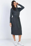 Charcoal Button Up Neck Detail Fitted Waist Midi Dress /1-1-1 - My Store