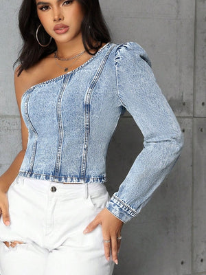 One Shoulder Long Sleeve Denim Top - My Store