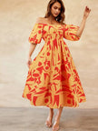 Printed Off-Shoulder Balloon Sleeve Dress - My Store