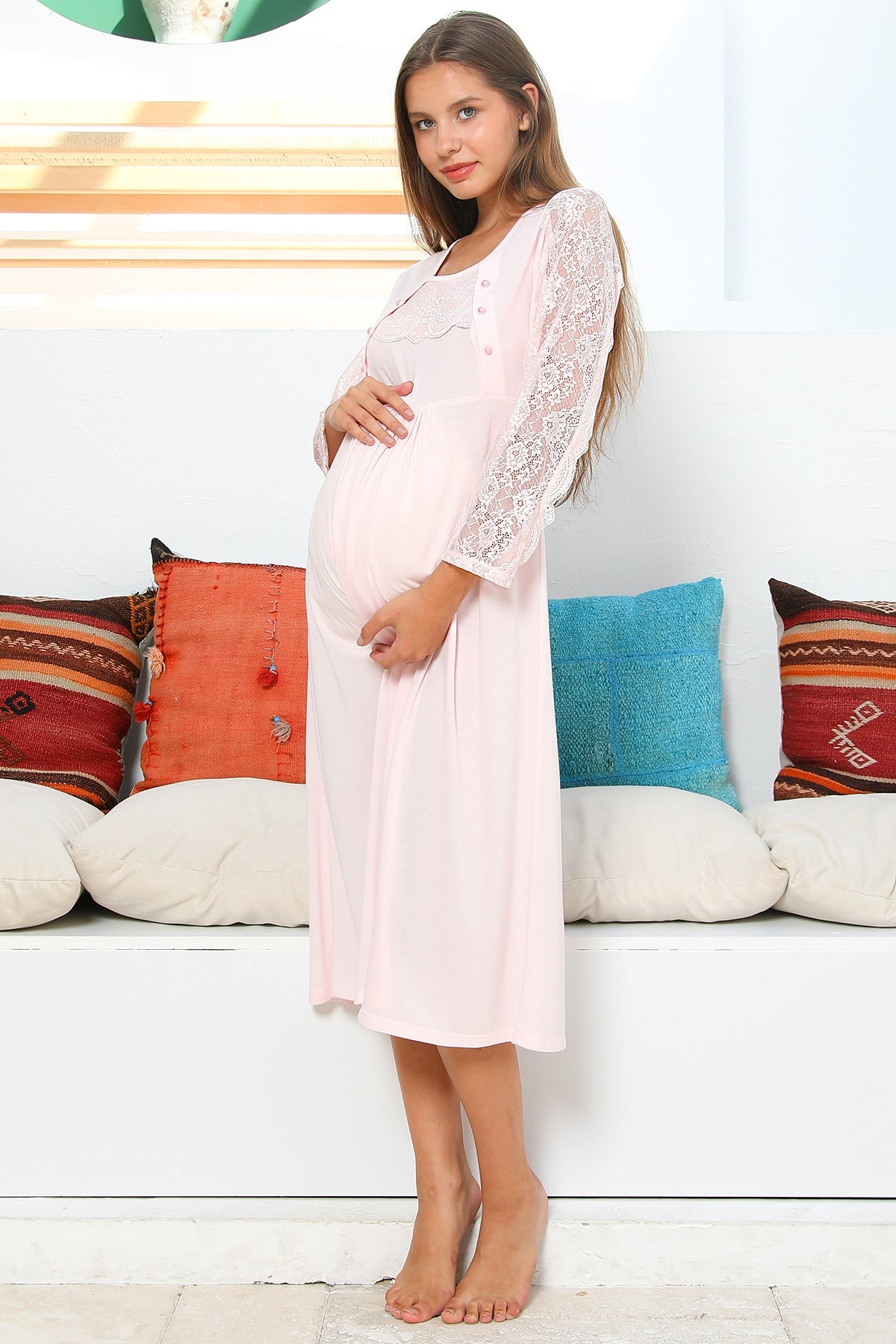 Shopymommy 55103 Elegance Lace Sleeves Maternity & Nursing Nightgown - My Store