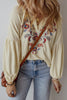 Embroidered Notched Long Sleeve Blouse - My Store