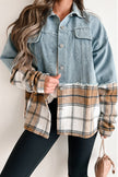 Khaki Plaid Patchwork Buttoned Oversized Denim Jacket - My Store