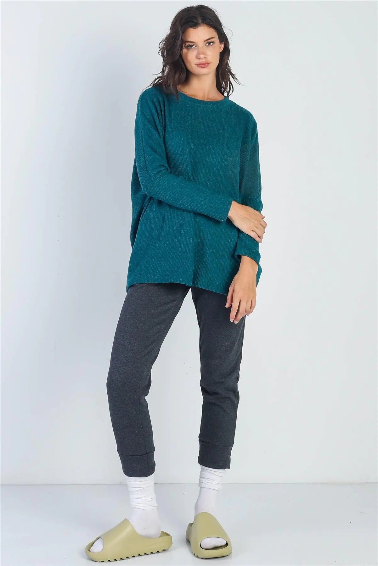 Hunter Green Flannel Ribbed Dolman Sleeve Top