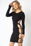 Black Knit Side Cut-Out With Gold Accent Ring Open Back Mini Dress - My Store