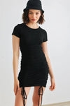 Black Ribbed Short Sleeve Ruched Mini Dress