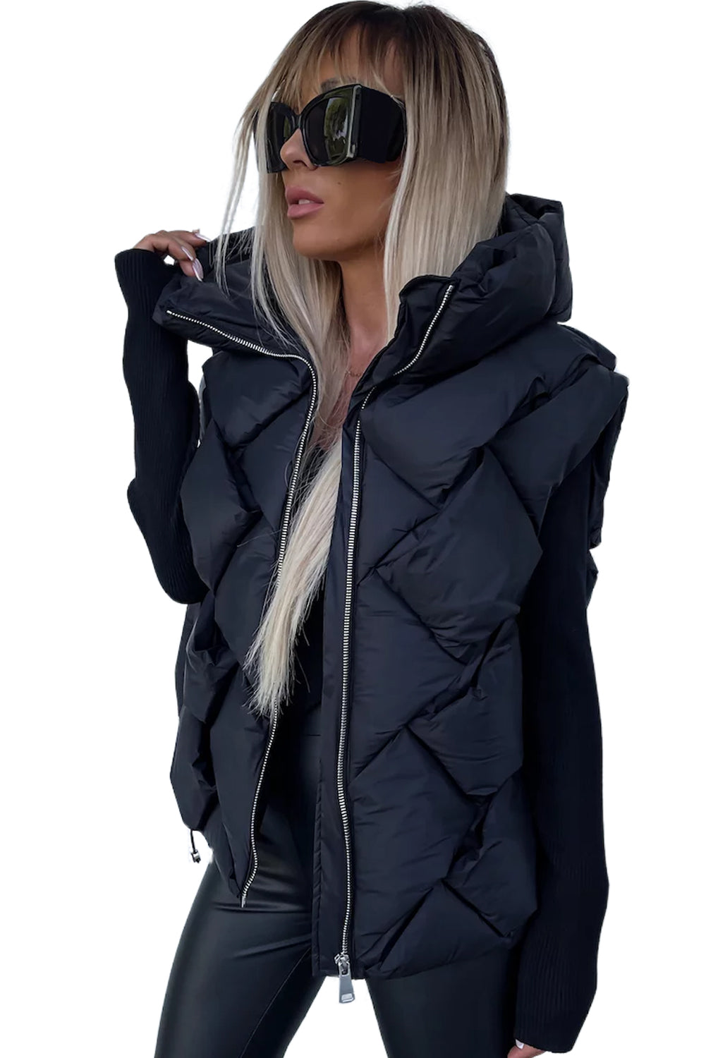 Black Quilted Zipper Front Hooded Vest Coat - My Store