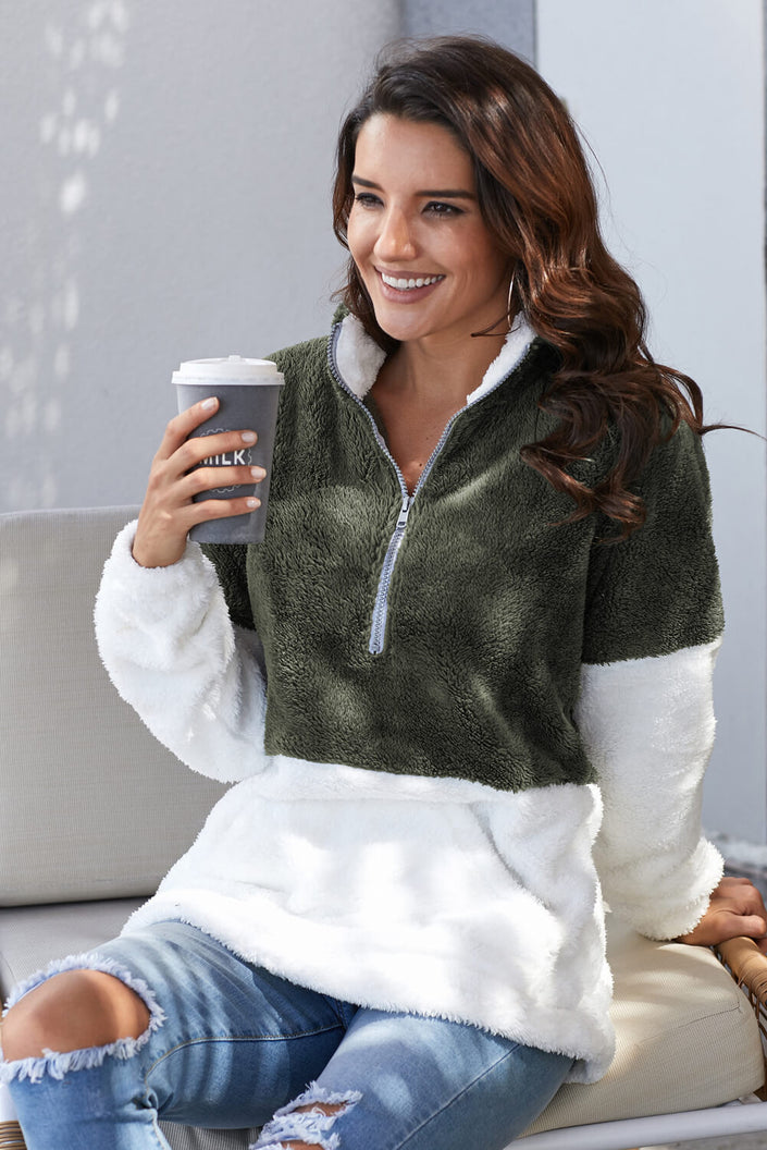 Women Atrovirens White Zip Neck Oversize Fluffy Fleece Pullover - My Store