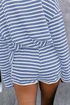 White Blue Striped Lounge Long Sleeves Shorts Set - My Store