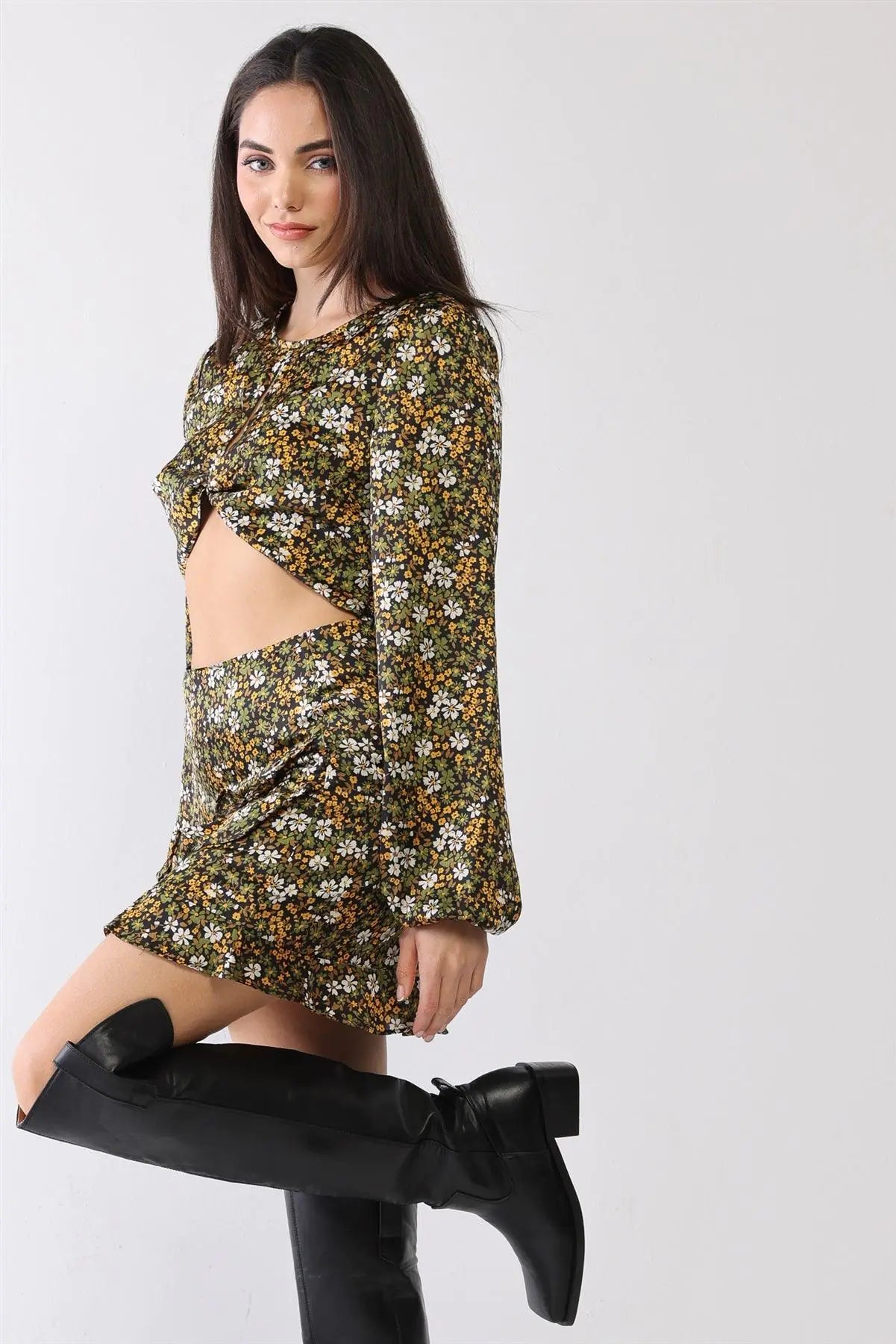 Floral Twist Cut-Out Crop Top Ruffle Hem Mini Skirt Set - My Store