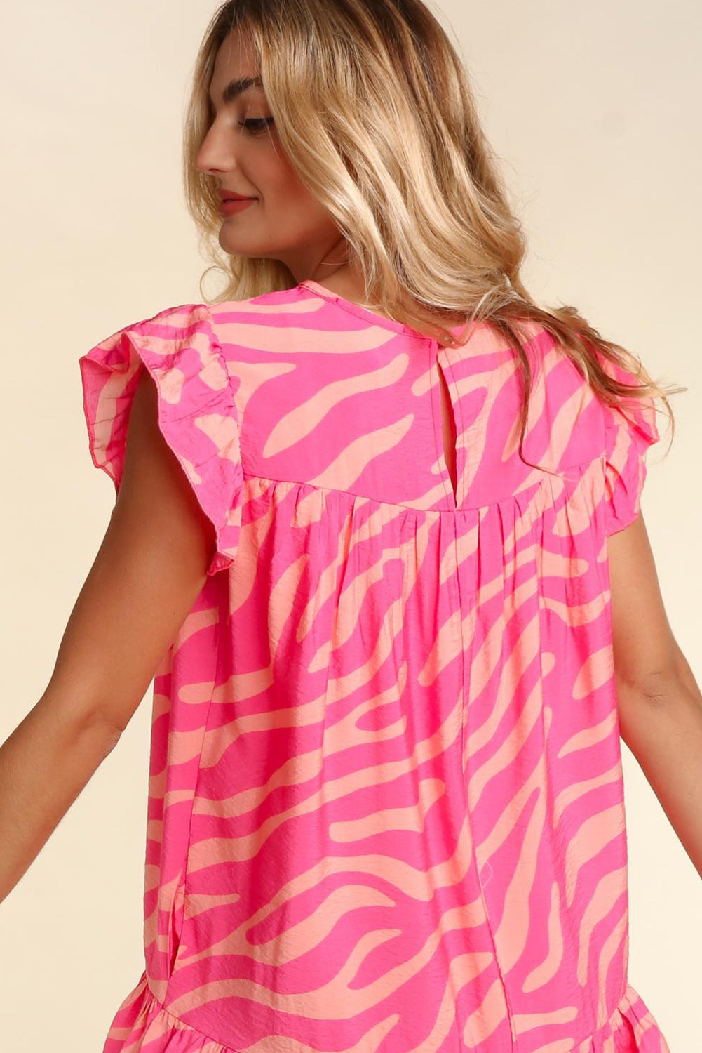 Pink Zebra Stripe Printed Ruffle Trim Pocketed Dress - My Store