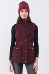 Burgundy Sleeveless Foldable Detachable Hood Detail Parka Utility Vest - My Store