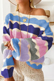 Dark Blue Wave Striped Balloon Sleeve Drop Shoulder Sweater - My Store