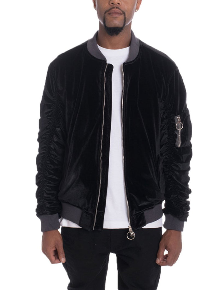 Velour Cinch Sleeve Bomber Jacket - My Store