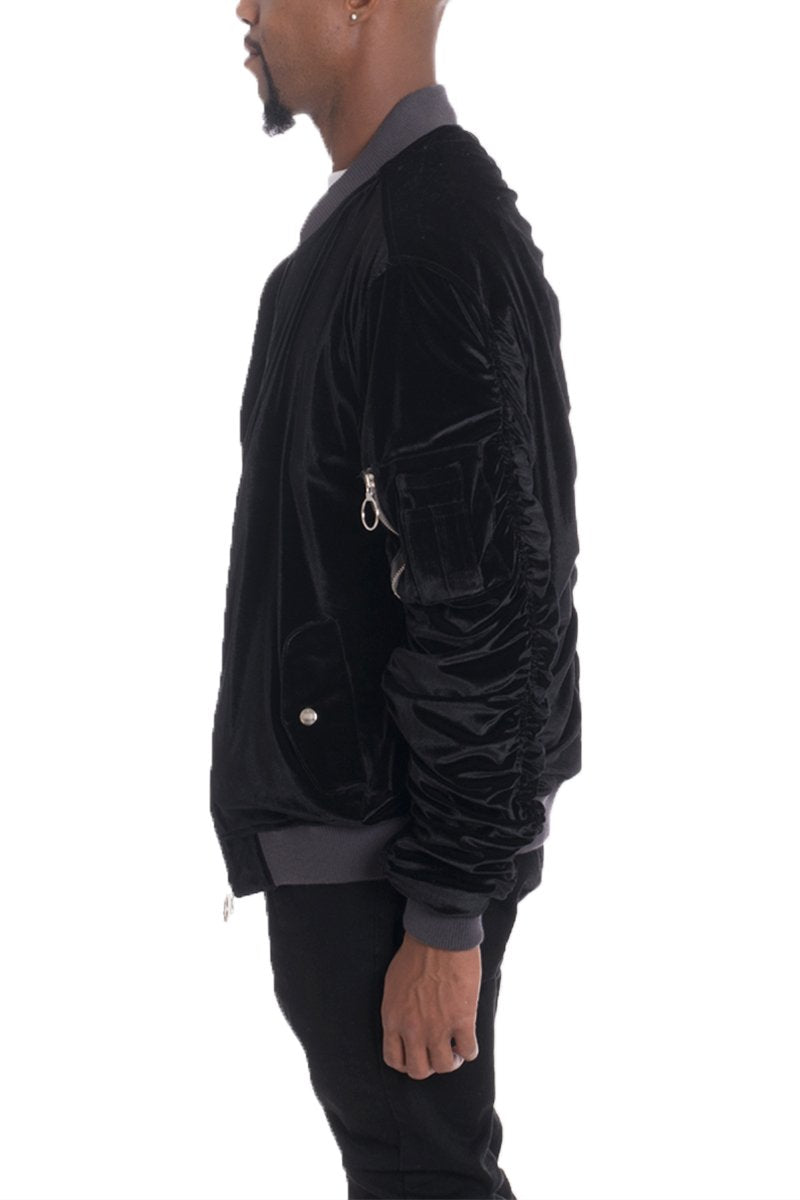 Velour Cinch Sleeve Bomber Jacket - My Store