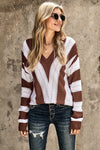 Fashion Brown Striped Colorblock V Neck Knitted Sweater - My Store