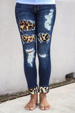 Fashion Women's Blue Hollow Out Leopard Splice Ripped Jeans - My Store