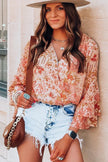 Orange Floral Print Ruffled Bell Sleeve V Neck Bodysuit - My Store