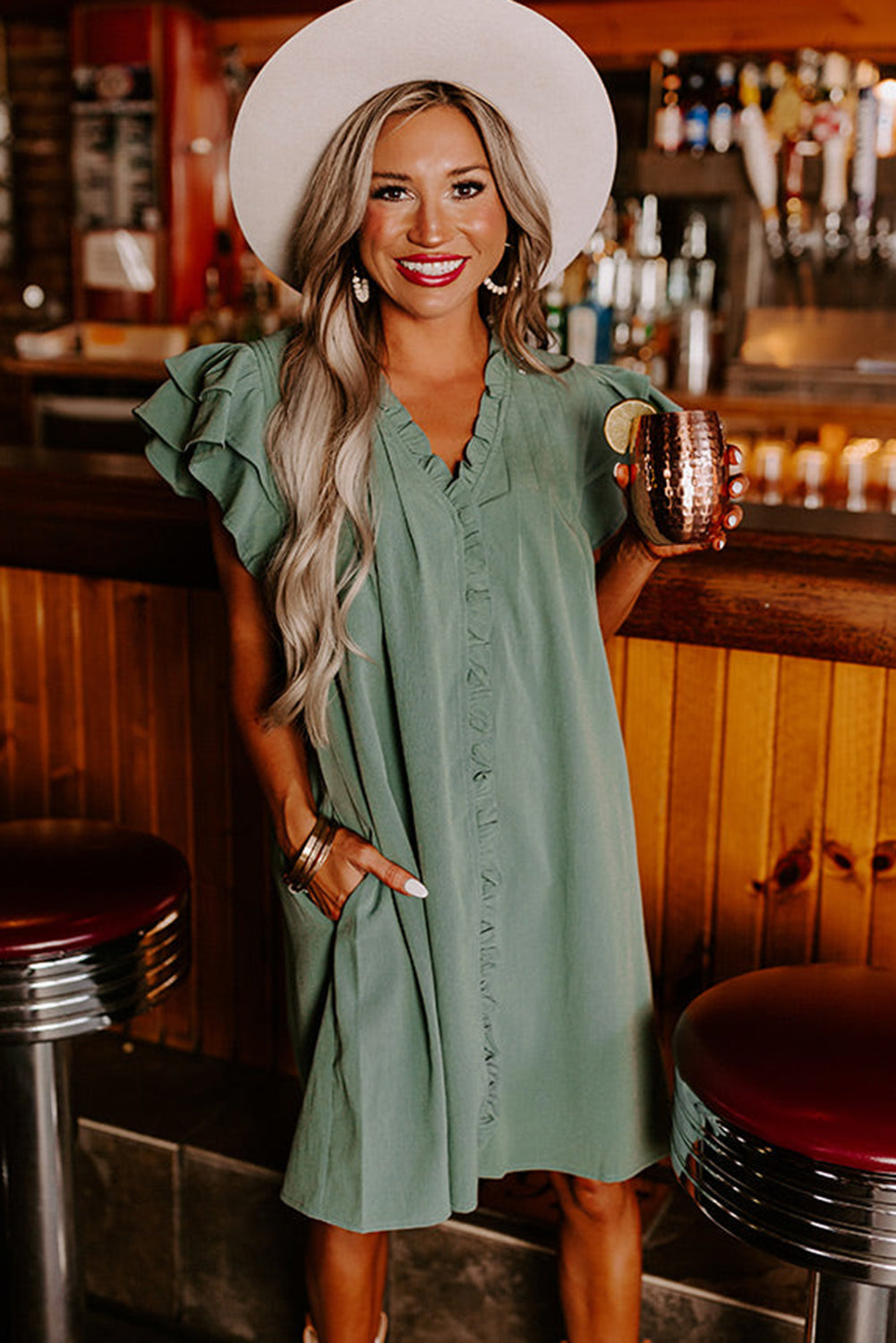 Mist Green Ruffle Sleeve V Neck Frilled Shift Dress - My Store