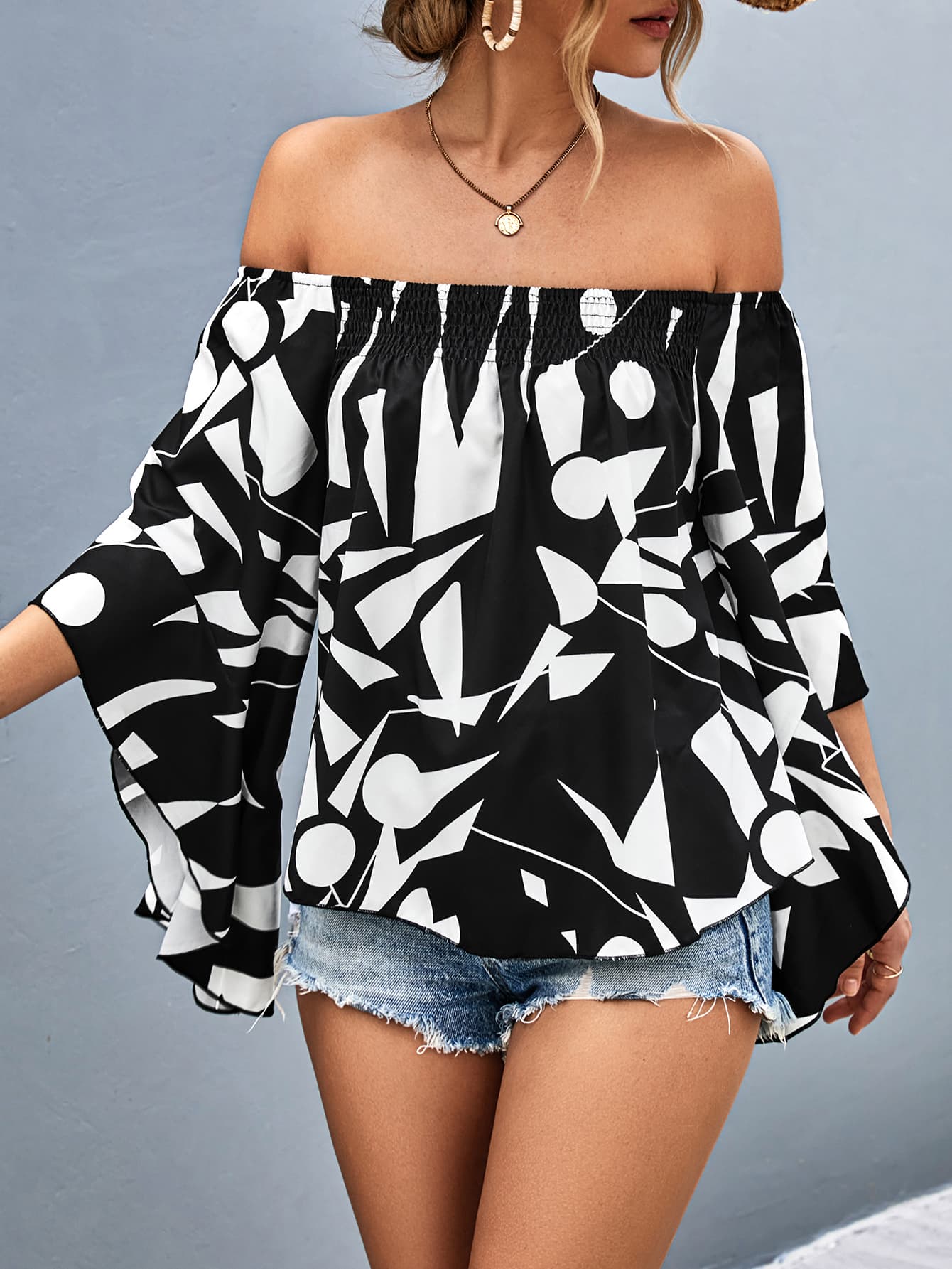 Printed Off-Shoulder Bell Sleeve Blouse - My Store