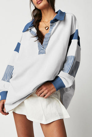 Dark Blue Striped Colorblock Patchwork Collar Sweatshirt - My Store