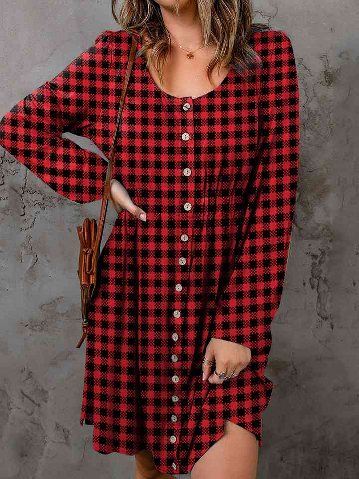 Double Take Full Size Plaid Round Neck Long Sleeve Magic Dress - My Store