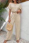 Beige Crinkled Elastic Hem Crop Tee and Wide Leg Pants Set - My Store