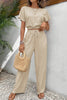 Beige Crinkled Elastic Hem Crop Tee and Wide Leg Pants Set - My Store