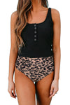 Black Square Neck Sleeveless Fashion Print Tankini Set - My Store