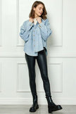 Veveret Button Up Dropped Shoulder Denim Top - My Store