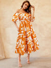 Printed Off-Shoulder Balloon Sleeve Dress - My Store