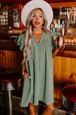 Mist Green Ruffle Sleeve V Neck Frilled Shift Dress - My Store