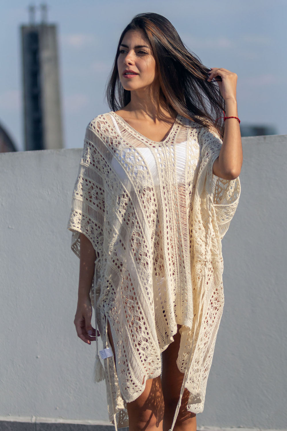 Apricot Crochet Knitted Tassel Tie Kimono Beachwear - My Store